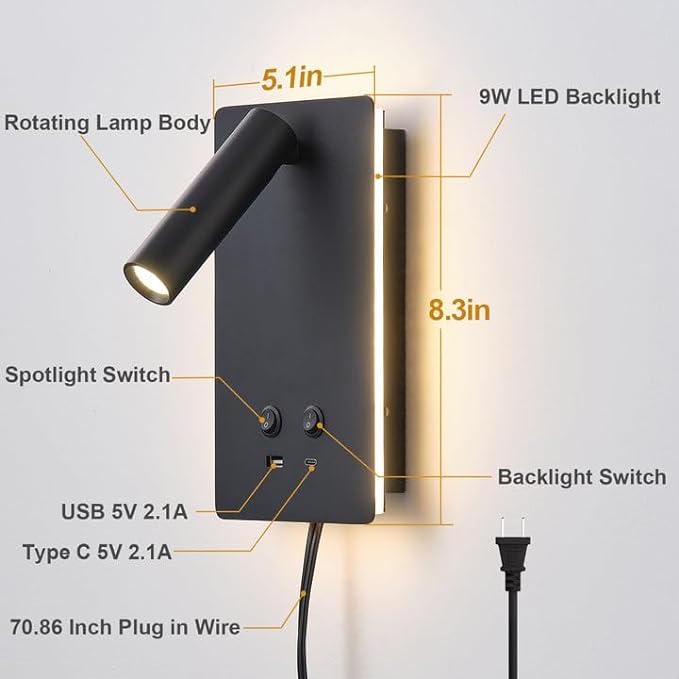 New LED Wall Lamp Wall Mounted Reading Lights, Adjustable Headboard Plug in Wall Sconce with USB C+A Ports, Headboard Bedside Lamp with 9W+3W Night Light 3000K (Black)