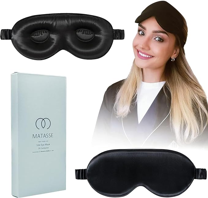 New Silk Eye Sleeping Mask with Adjustable Strap- 3D Contoured Eye Mask for Sleeping, Eye Cover Sleep Mask w/Silk Covered Strap for Women, Men, Genuine Mulberry Silk, Black