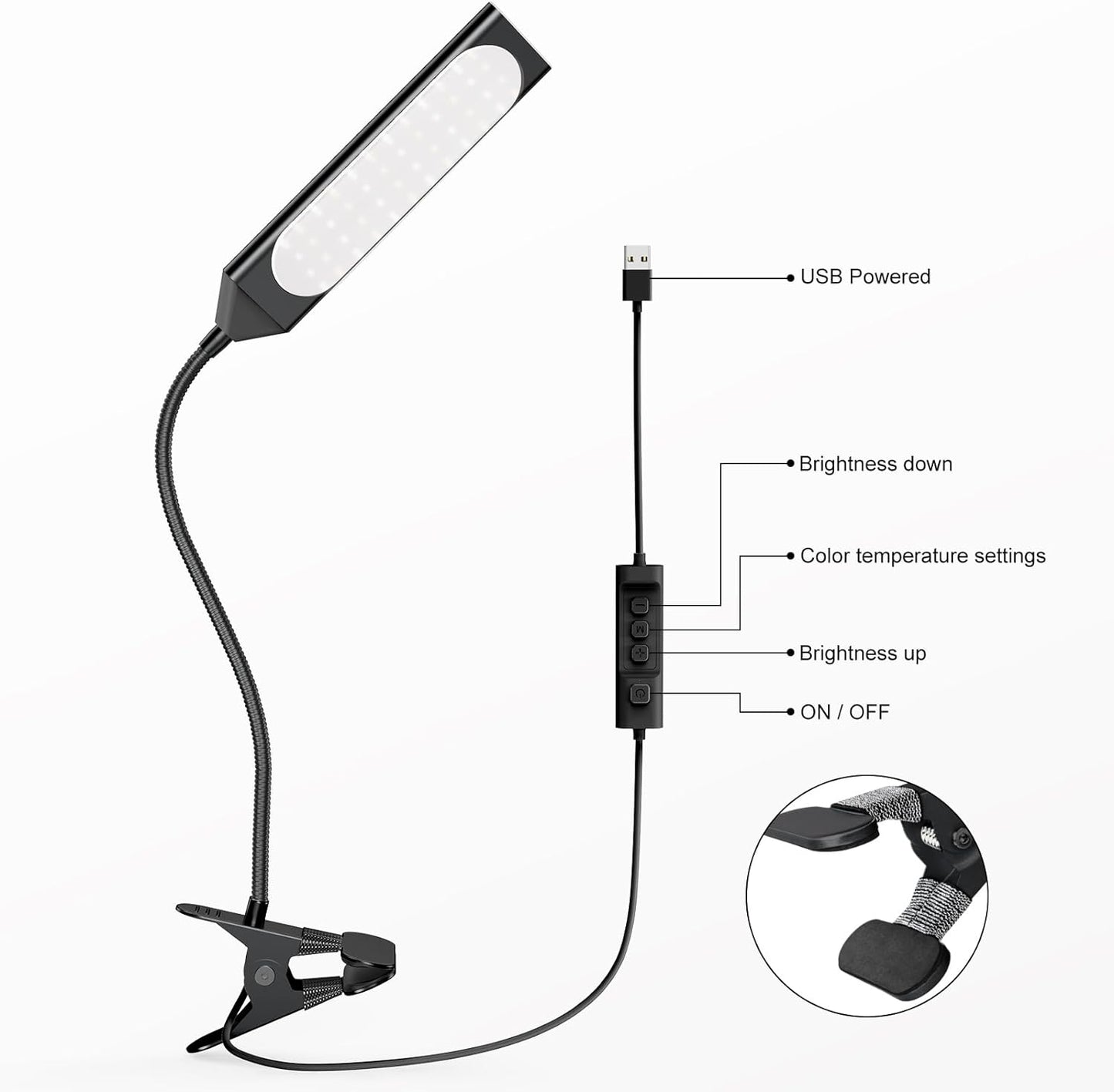 Desk Lamp Clip on LED Desk Lamp 3 Color Modes 14 Brightness Dimmable Table Lamp Metal Clip 360° Adjustable Gooseneck Portable Reading Lamp for Home Office College Dorm, Black