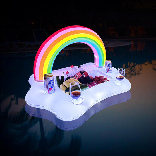 New Inflatable Rainbow Cloud Drink Holder with Lights,Solar Powered Floating Pool Serving Bar Glow at Night,Pool Drink Floats for Swimming Pool Party and Entertainment