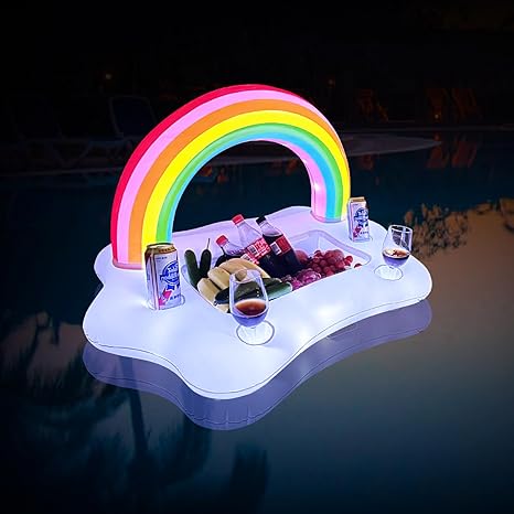 New Inflatable Rainbow Cloud Drink Holder with Lights,Solar Powered Floating Pool Serving Bar Glow at Night,Pool Drink Floats for Swimming Pool Party and Entertainment