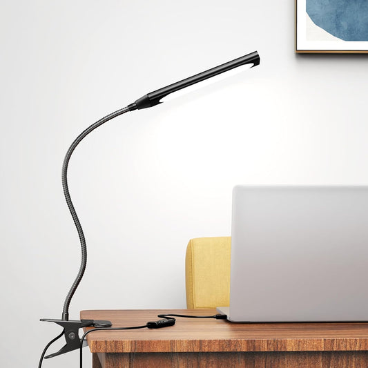 Desk Lamp Clip on LED Desk Lamp 3 Color Modes 14 Brightness Dimmable Table Lamp Metal Clip 360° Adjustable Gooseneck Portable Reading Lamp for Home Office College Dorm, Black