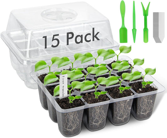 New Seed Starter Tray, 15 Pack 180-Cell Reusable Plant Germination Trays with Humidity Dome and Drainage Hole, Bonus 3 Seedling Tools & 100 Plant Labels, Indoor & Outdoor Use