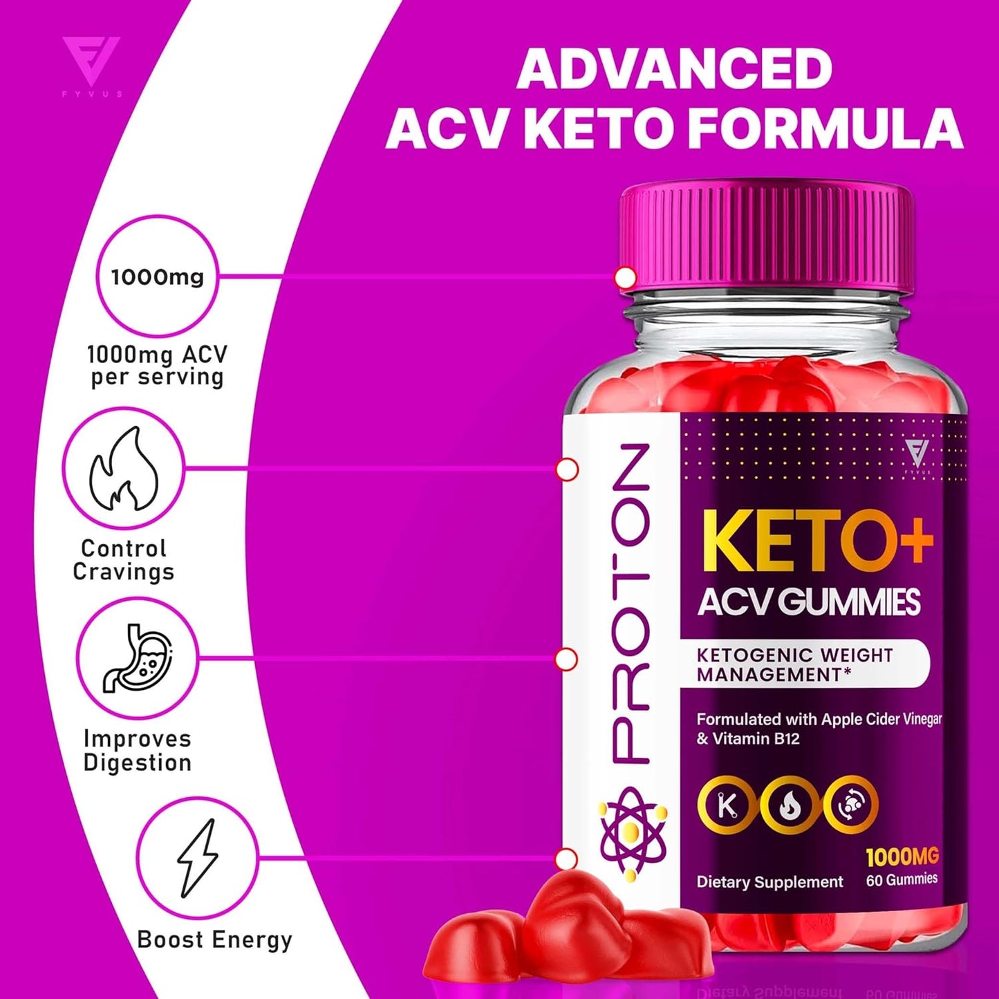 (2 Pack) Proton Keto ACV Gummies Advanced Weight Loss, Proton Protein Keto+ ACV Gummies Apple Cider Vinegar Folate Vitamin Supplement 1000MG, Proton Keto Gummies Keto+ACV Folic Acid (120 Gummies)