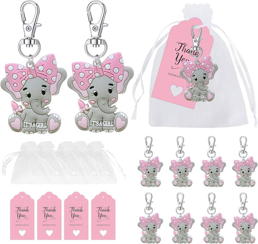 Baby Shower Favors, It's A Girl Elephant Keychains + Organza Bags + Thank You Tags, Guests Gifts Baby Shower Decorations For Girls Baptism Favors Elephant Baby Shower Party Favors (Pack of 20)