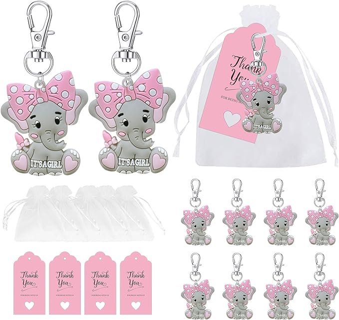 Baby Shower Favors, It's A Girl Elephant Keychains + Organza Bags + Thank You Tags, Guests Gifts Baby Shower Decorations For Girls Baptism Favors Elephant Baby Shower Party Favors (Pack of 20)