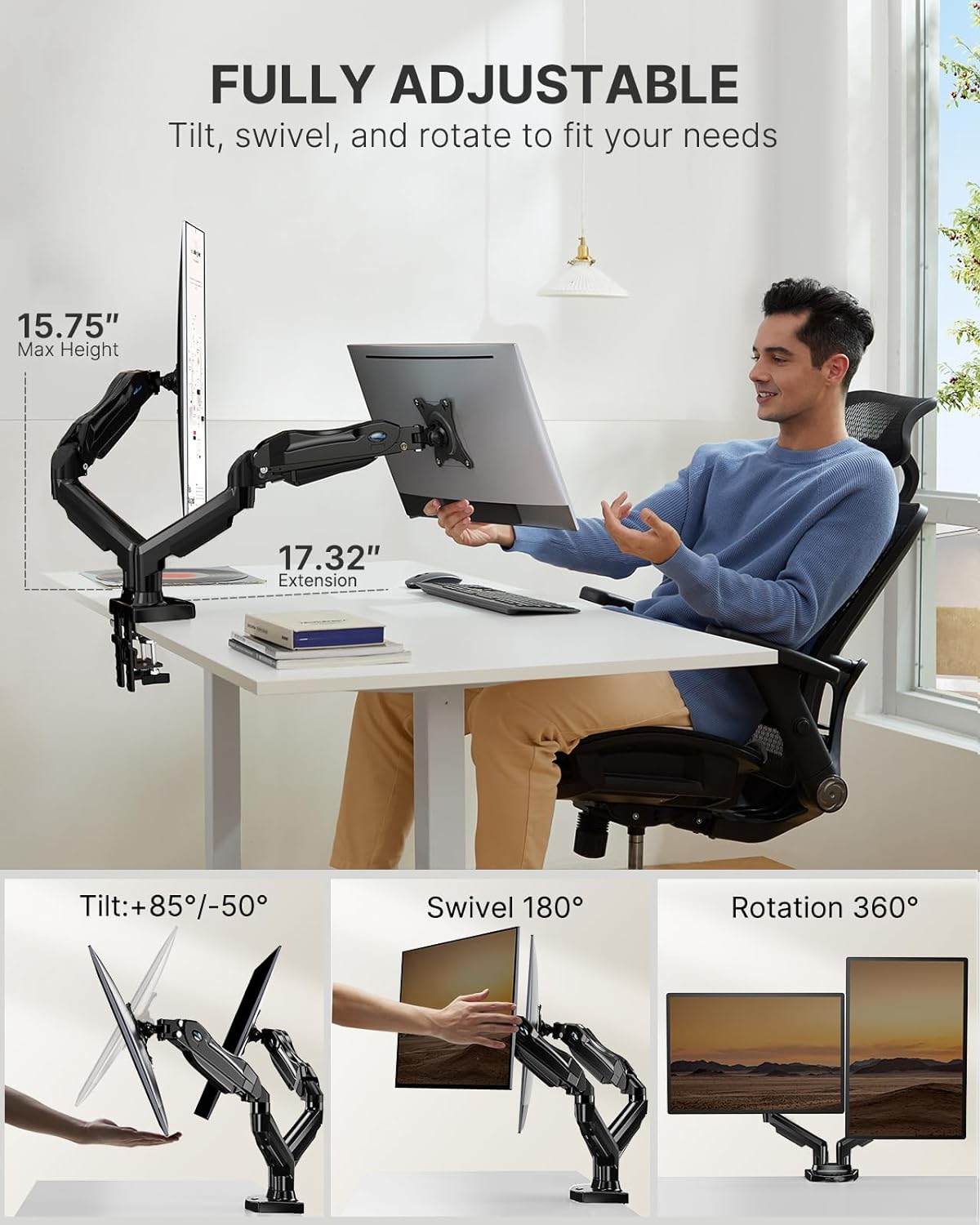 New Dual Monitor Stand - Adjustable Spring Monitor Desk Mount Swivel Vesa Bracket with C Clamp, Grommet Mounting Base for 13 to 30 Inch Computer Screens - Each Arm Holds 4.4 to 19.8lbs