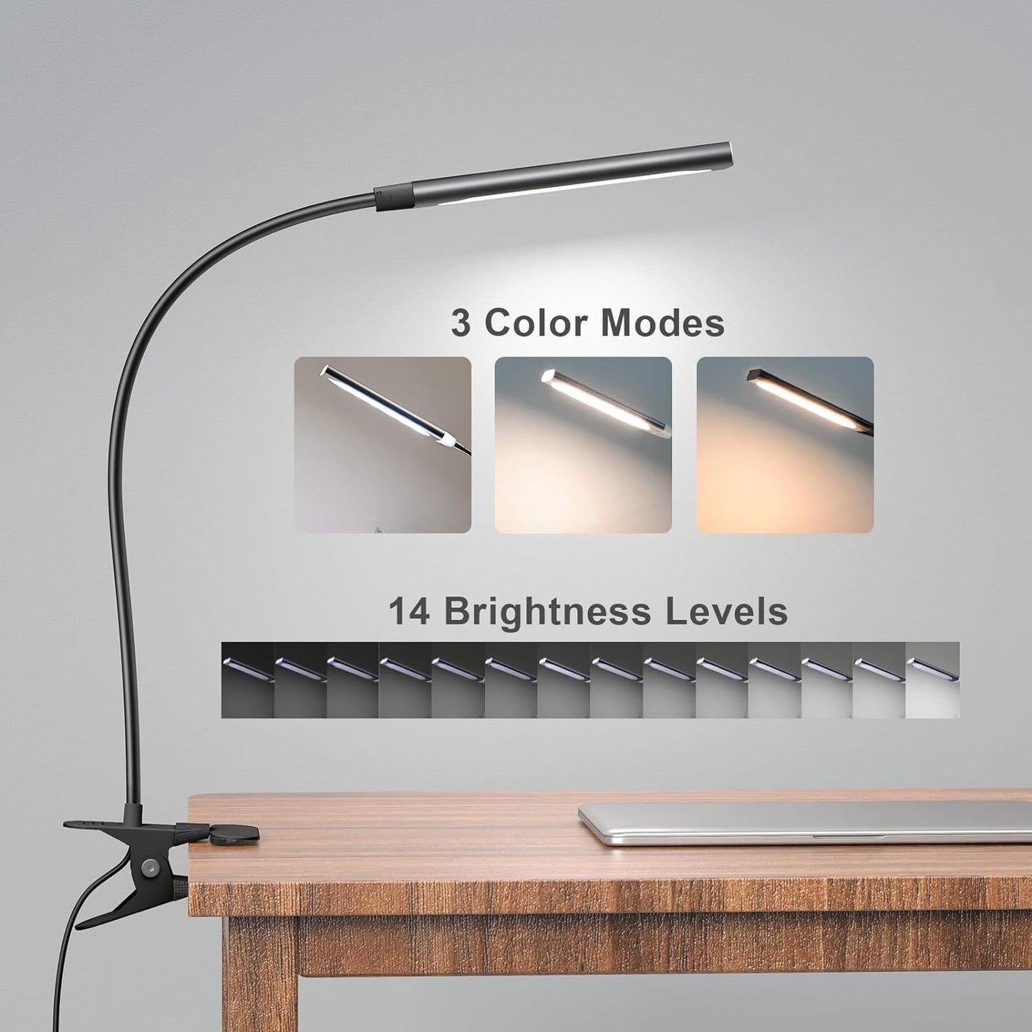 Desk Lamp Clip on LED Desk Lamp 3 Color Modes 14 Brightness Dimmable Table Lamp Metal Clip 360° Adjustable Gooseneck Portable Reading Lamp for Home Office College Dorm, Black