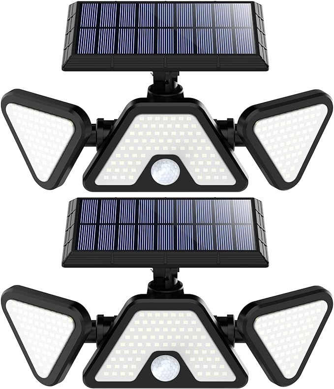 Motion Sensor Outdoor Lights, 203 LED Solar Lights Outdoor Waterproof, 3 Heads Solar Outdoor Lights, 270° Wide Angle Solar Lights for Outside, Yard, Front Door, Step (2 Packs)