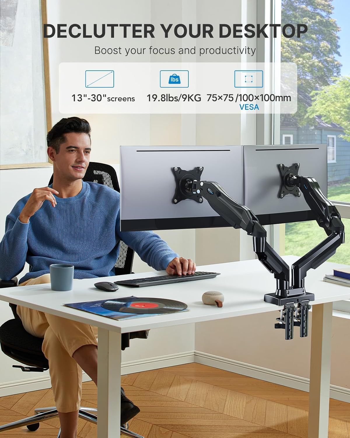 New Dual Monitor Stand - Adjustable Spring Monitor Desk Mount Swivel Vesa Bracket with C Clamp, Grommet Mounting Base for 13 to 30 Inch Computer Screens - Each Arm Holds 4.4 to 19.8lbs