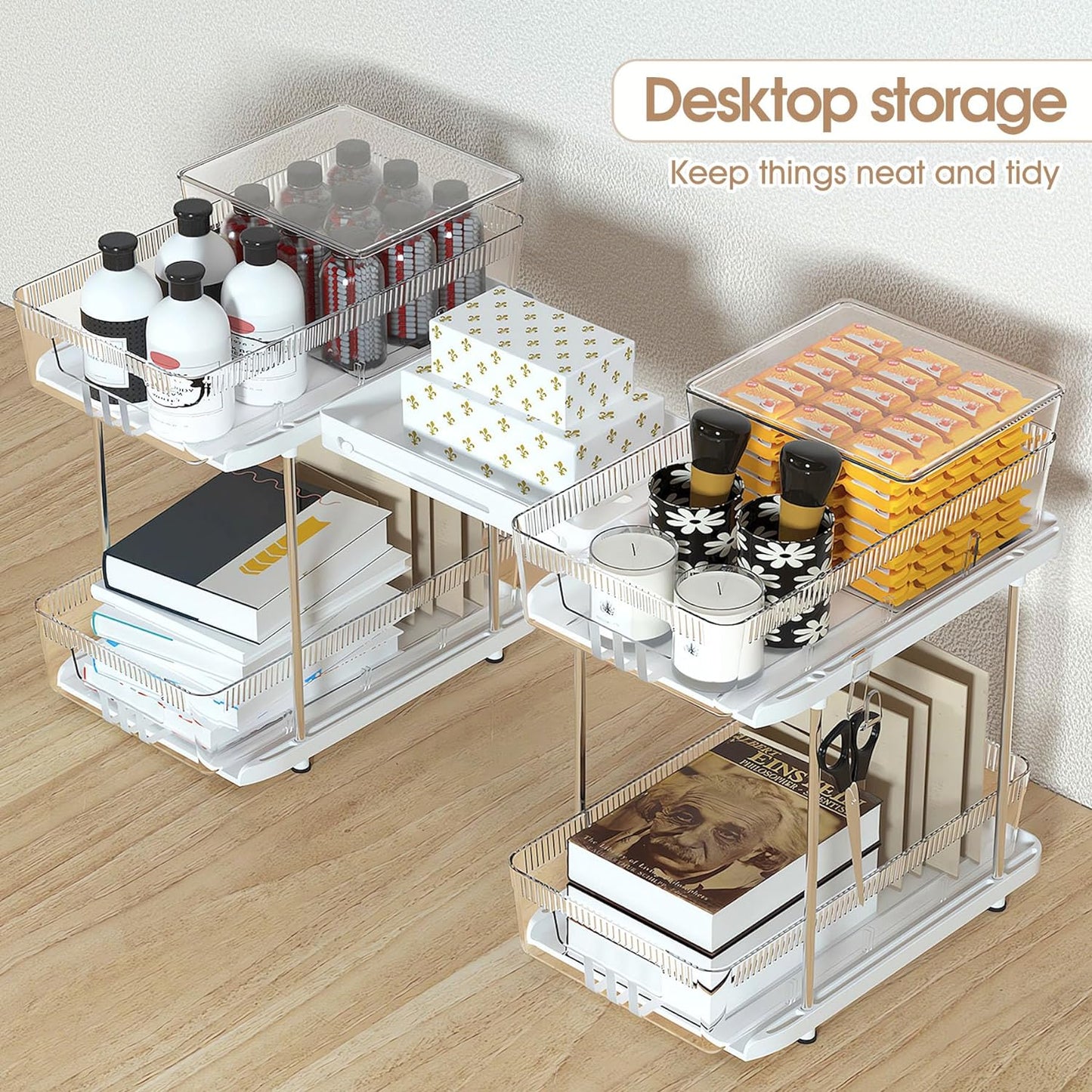 2 Tier Under Sink Organizers and Storage Bathroom Organizer w Dividers and Lids, Snack Organizer for Pantry Pull Out Cabinet Organization for Kitchen/Vanity/Medicine Drawer Storage(Adjustable)