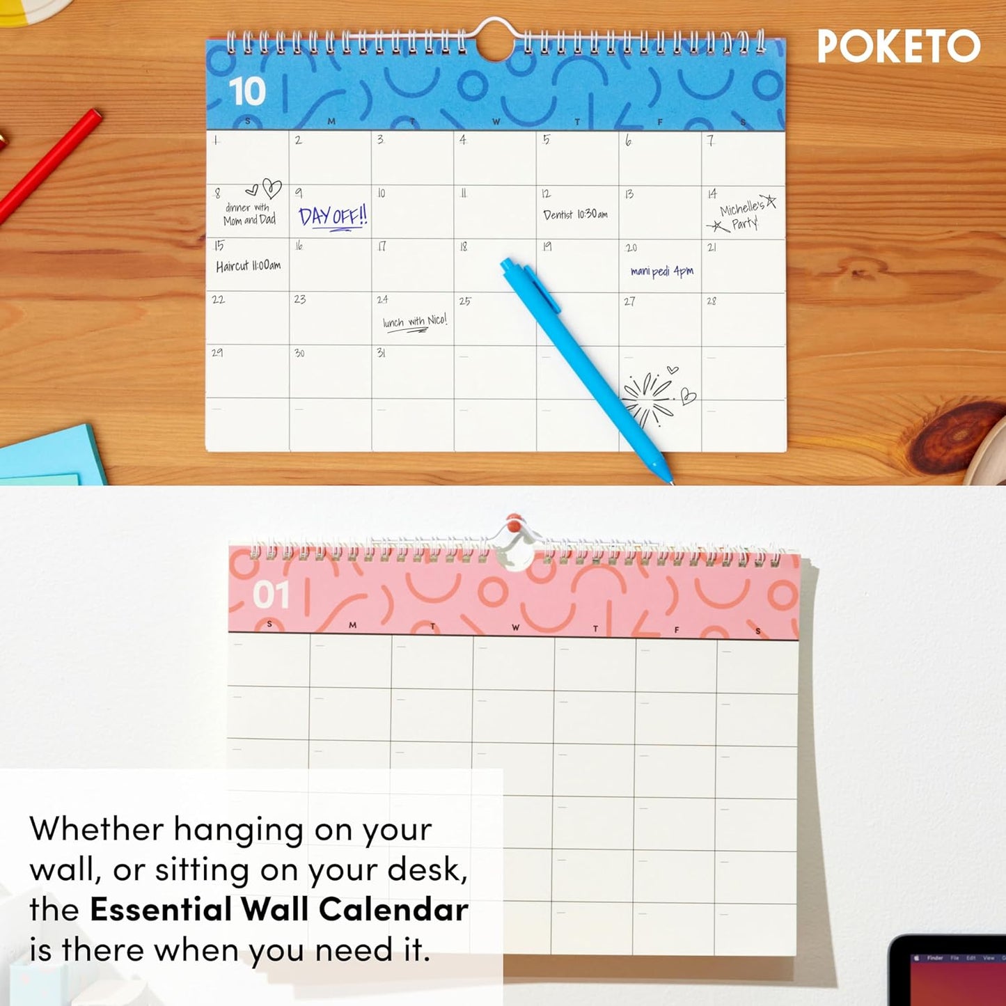 New - Essential Desk Calendar - Undated 12 Month Wall & Desk Calendar - 11.75” x 8” - Minimalist Design - Spiral Hanging Wall Planner - Eco-Friendly Paper - Office Supplies - 2024 - Doodle