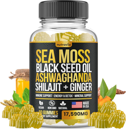 Sea Moss, Black Seed Oil, Ashwagandha, Ginger, Shilajit Gummies with Elderberry, Chlorophyll, Turmeric, Bladderwrack 17590mg Advanced Strength Formula - All in 1 Bundle - Made in USA (60 Gummies)