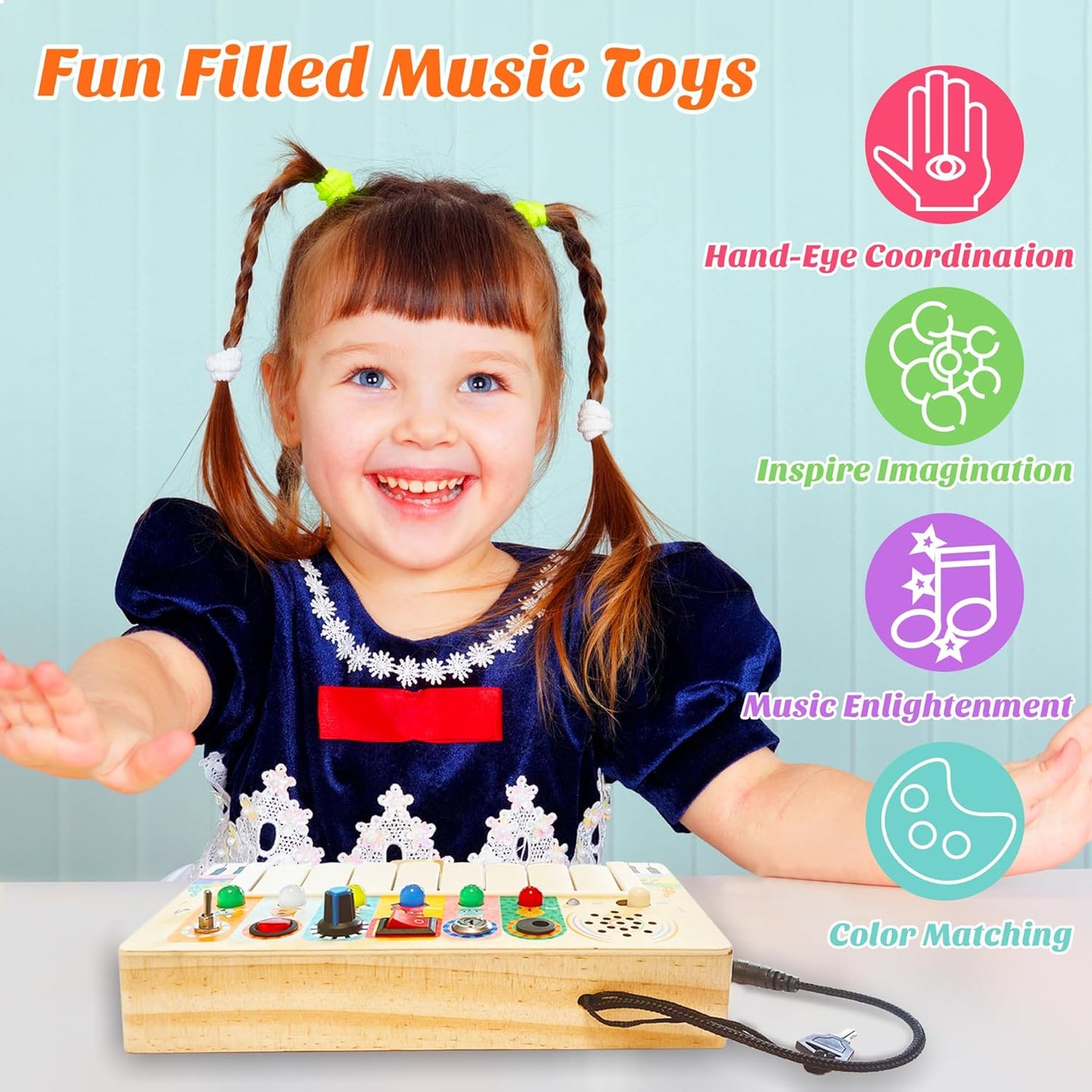 Wooden Busy Board with Led Light, Sensory Toys for Toddlers Montessori Toys, Educational Activity Toy Toddler Travel Toys, 1-6 Year Old Girls & Boys Gifts