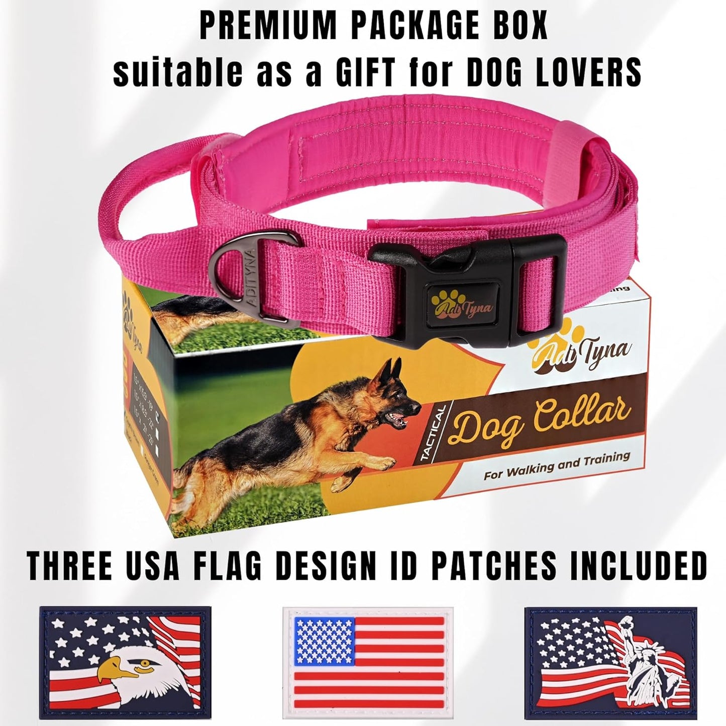 ADITYNA - Tactical Dog Collar for Large Dogs - Soft Padded, Heavy Duty, Adjustable Pink Dog Collar with Handle for Training and Walking