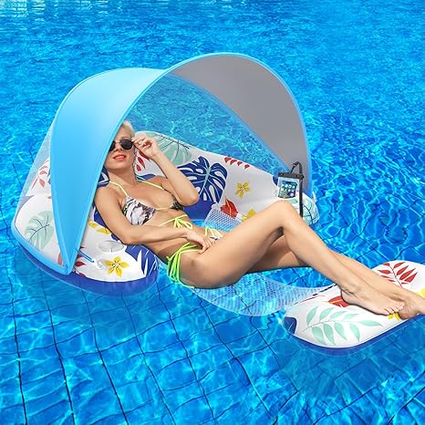 LAYCOL Premium Pool Floats Adult with Canopy - Stylish Pool Lounger - Heavy Duty Pool floaties for Adults - Beach Floats Pool Chair Swimming Pool Accessories for Women Floating with Cup Phone Holder