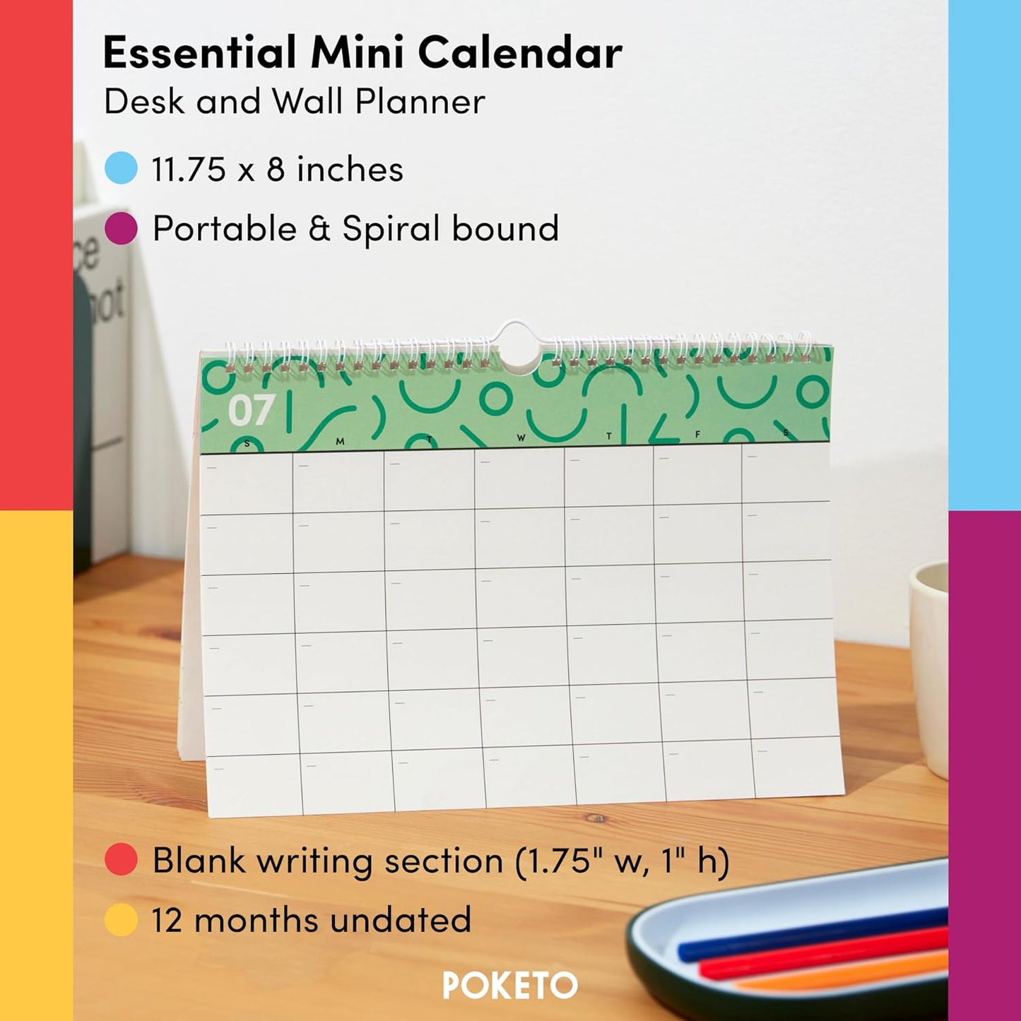 New - Essential Desk Calendar - Undated 12 Month Wall & Desk Calendar - 11.75” x 8” - Minimalist Design - Spiral Hanging Wall Planner - Eco-Friendly Paper - Office Supplies - 2024 - Doodle