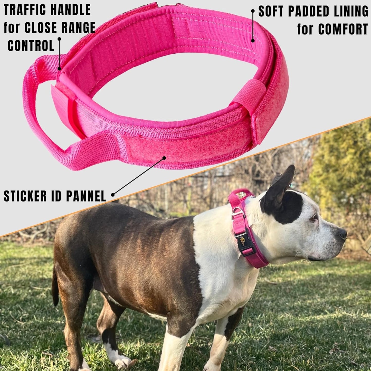 ADITYNA - Tactical Dog Collar for Large Dogs - Soft Padded, Heavy Duty, Adjustable Pink Dog Collar with Handle for Training and Walking