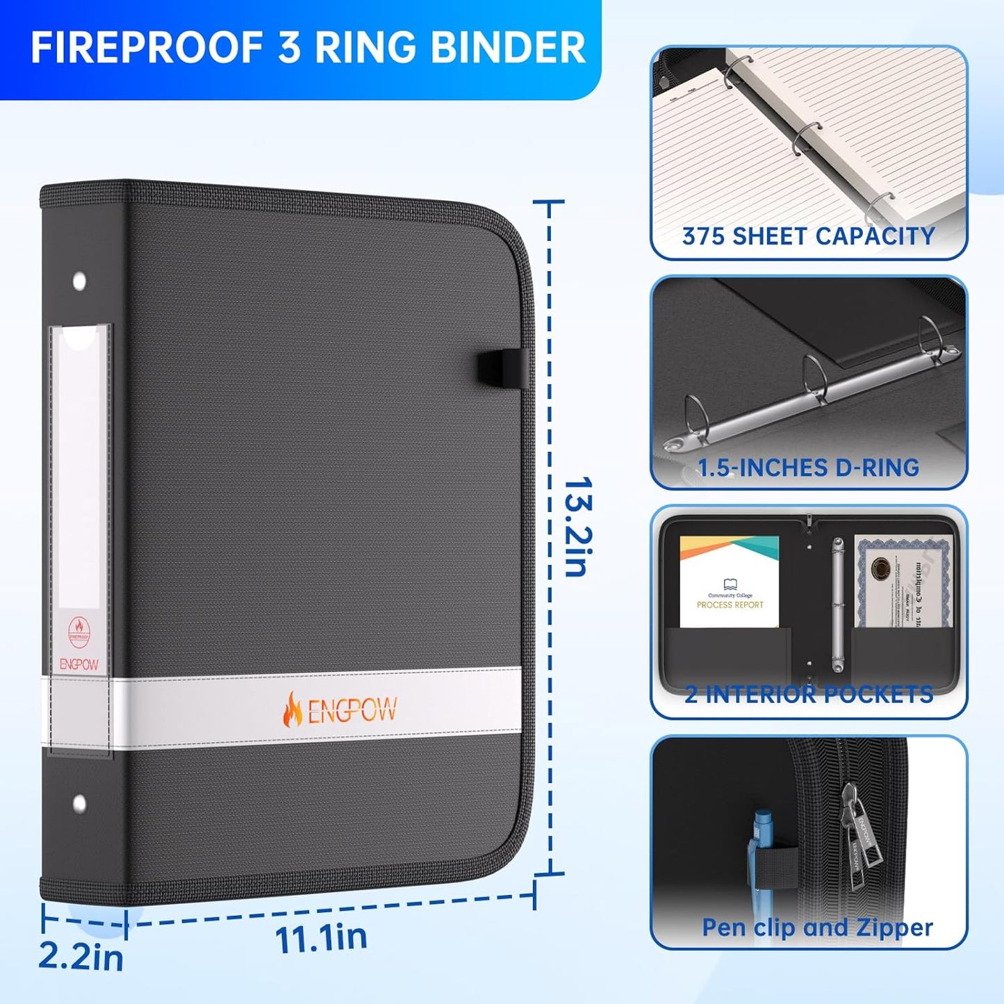 ENGPOW 3 Ring Binder,Fireproof 1.5 Inch D Ring Binder with Zipper,Fireproof＆Dust-Proof Binder with Reflective Strip,Holds 375 Sheets,Non-Stick,PVC-Free,Compatible with Clear Sheet Protectors,Black