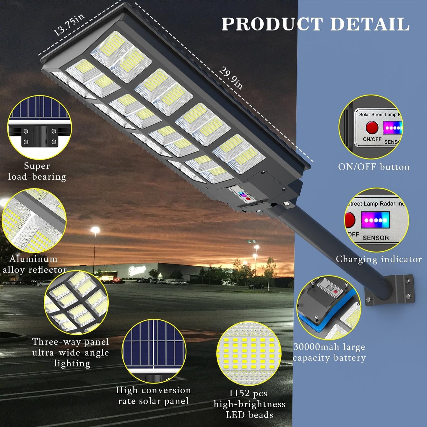 TENKOO Solar Street Lights Outdoor - 2400W Solar Parking Lot Lights, 215000 Lumens LED Wide Angle Lamp with Motion Sensor IP67 Waterproof Commercial Lighting