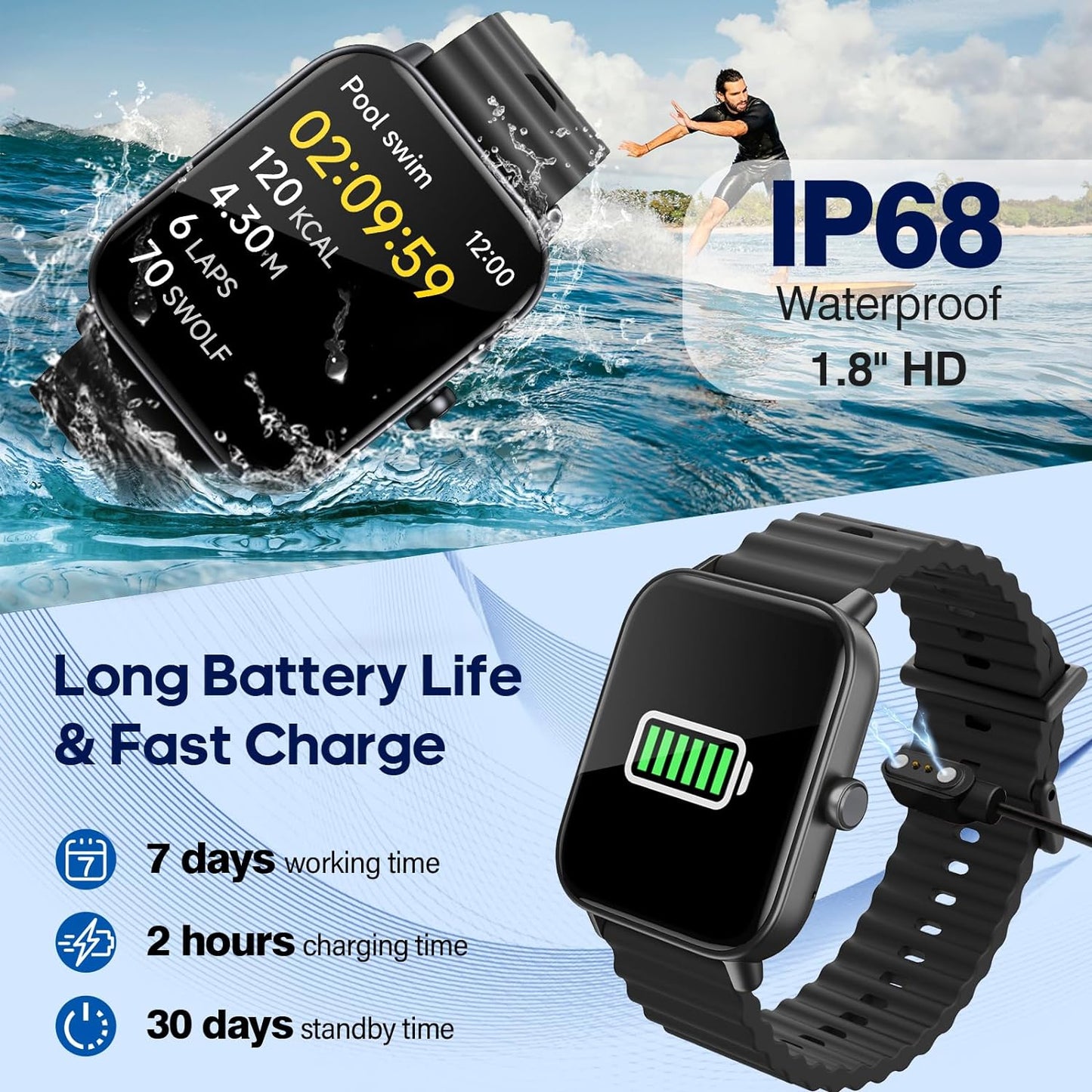 New Smart Watch for Men Women with Bluetooth Call, Fitness Trackers Watch with Heart Rate Sleep Monitor, Alexa Built-in 1.8" DIY Dial 100 Sports Modes IP68 Waterproof Smartwatch for iOS (Black)