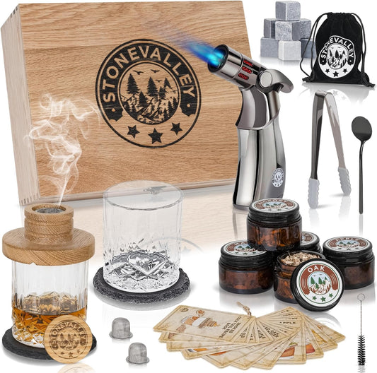 Premium Cocktail Smoking Kit with Torch – American Oak Whiskey Smoker Set, 5 Wood Chip Flavors, Old Fashioned Glasses, Coasters, Recipe Book, Whiskey Stones, Deluxe Gift for Men – Bourbon Accessories