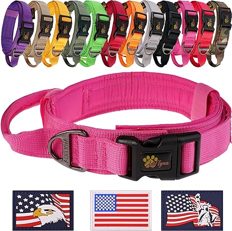 ADITYNA - Tactical Dog Collar for Large Dogs - Soft Padded, Heavy Duty, Adjustable Pink Dog Collar with Handle for Training and Walking