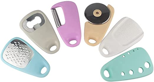 Kitchen/Unique Gadgets Set 6 Pieces, Space Saving, Cheese Grater, Bottle Opener, Fruit/Vegetable Peeler, Pizza Cutter, Garlic/Ginger Grinder,Herb Stripper, RV/Camping Accessories, Camping must haves