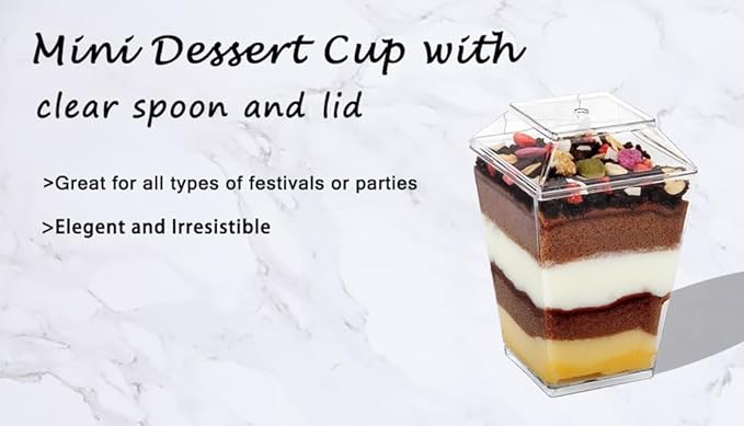BEGA HOME Dessert Cups - 5oz 50 Cups, 50 Lids and 50 Spoons - Great for Parfaits, Pudding, Yogurt, & Mini Treats - Small Clear Plastic Cups, Yogurt Parfait Cups with Lids & Spoons