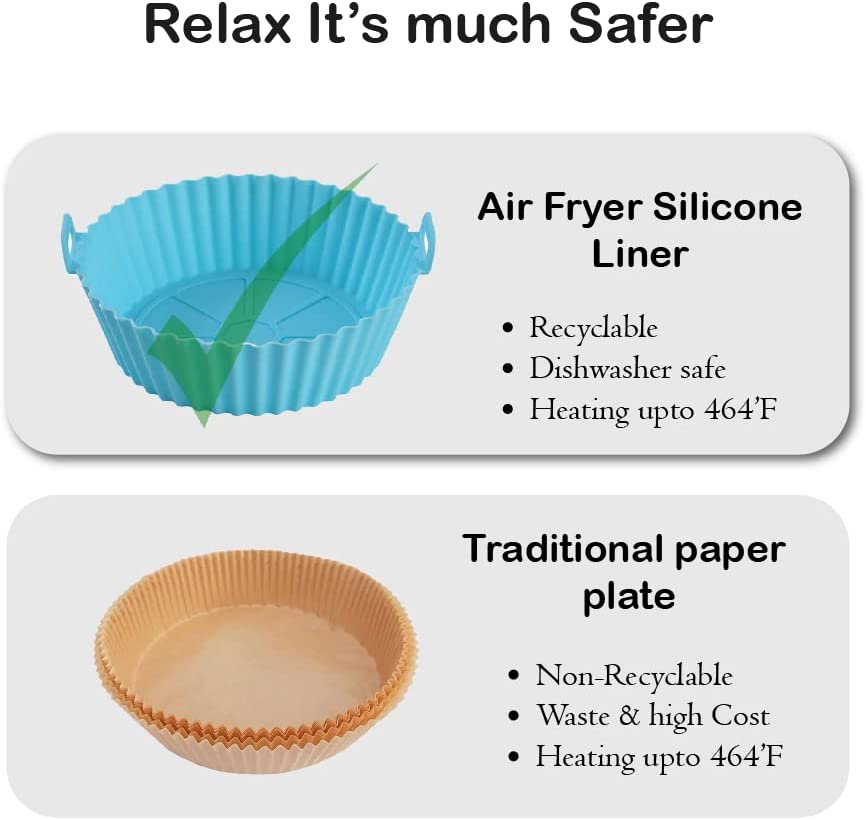 New Pack of 5 Air Fryer Silicone Liners Pot for 3 to 5 QT oil Brush& Silicone hands AirFryer Liners Basket Food Safe Oven Accessories, Reusable Silicone Air Fryer Liners Inserts (Top 8in,Bottom 6.3in)