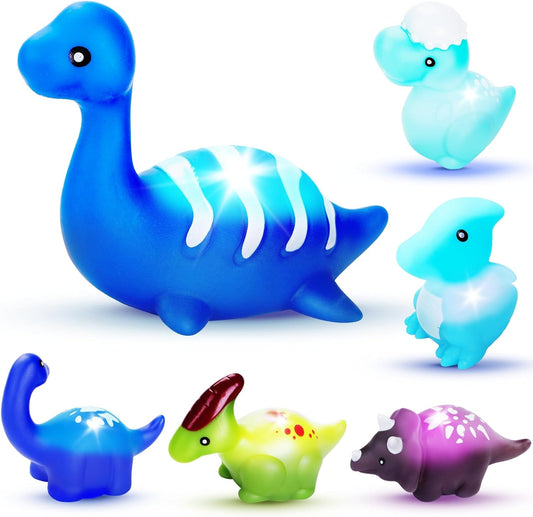 New Bath Toys for Toddlers 1-3, Kimiangel Mold Free Baby Bath Toy Light Up Floating Rubber Dinosaur Set, Flashing Color Changing Light in Water, Bathtub Bathroom Shower Games (6 PCS)