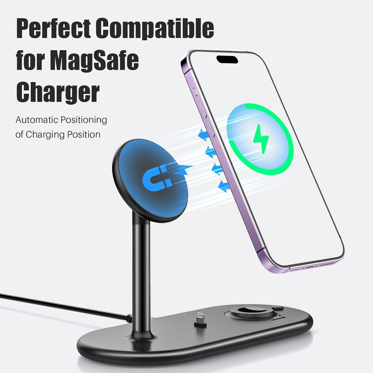 3-in-1 Wireless Charging Station for Apple Devices - Fast Wireless Charger Stand Compatible with Magsafe Charger for iPhone 14/13/12 Series, Apple Watch Ultra 8/7/SE/6/5/4/3, AirPods 3/Pro/2/1