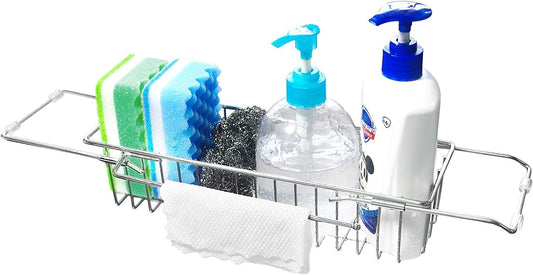 New Kitchen Sink Organizer Rack, Collapsible Stainless Steel Sink Caddy Drainer with Towel Drying Rack, Sink Basket with Dishcloth Hanger, Soap and Sponge Holder