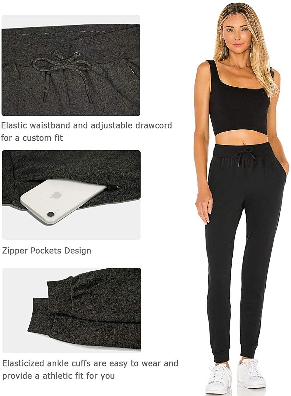 NEW Black Women's Sweatpants with Zipper Pockets Casual Sport Joggers Pants XL
