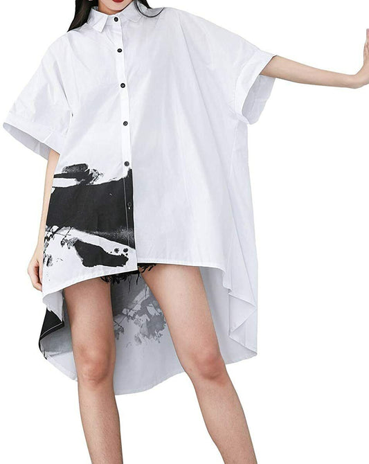 NEW Women's Oversized Button Down Shirt Dresses Batwing Sleeves High Low Top