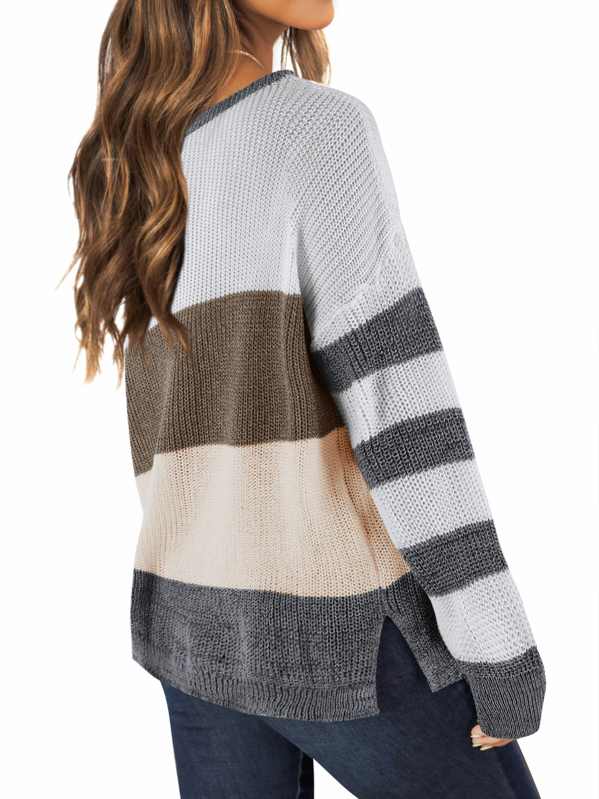 HUBERY Women Crew Neck Long Sleeve Stripes Color Block Knitted Sweater