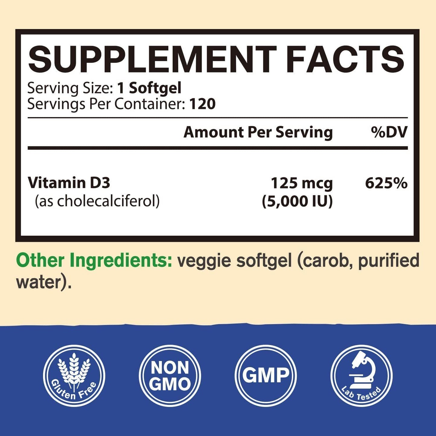 NEW Vitamin D3, 5000 IU (125 mcg), 4 Months Supply for Supporting Cardiovascular