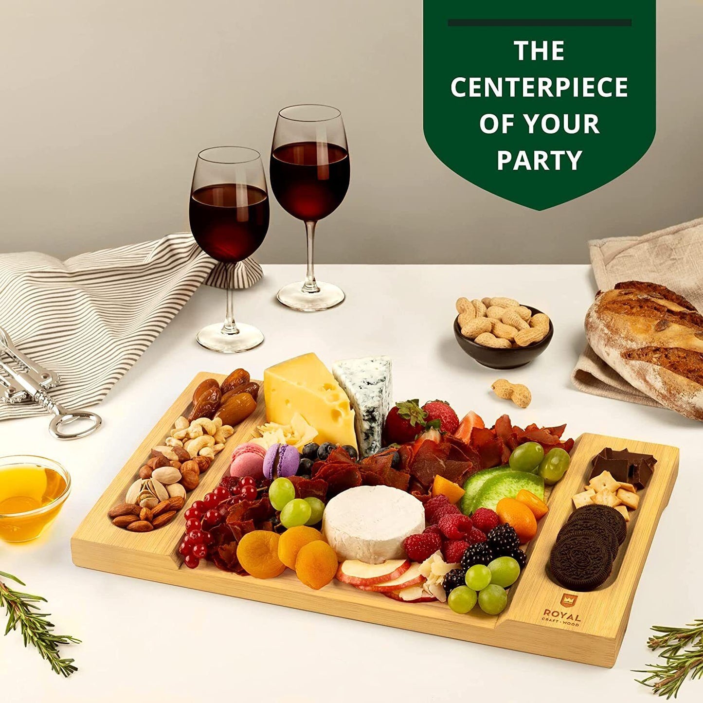 Unique Bamboo Cheese Board, Charcuterie Platter Serving Tray for Wine, Crackers