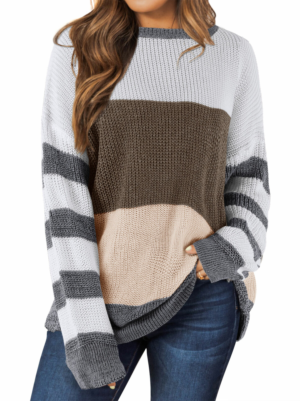NEW Women Crew Neck Long Sleeve Stripes Color Block Knitted Sweater Medium M