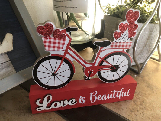 Love Is Beautiful Bicycle Bike Farmhouse Rustic Sign Shelf Sitter Decor Art Wood