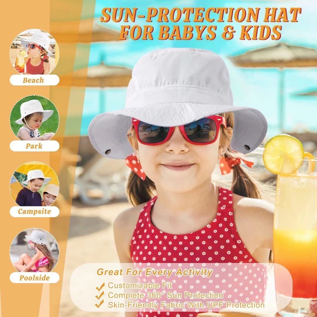 Baby Bucket Sun Hat，Kids UPF 50 Uv Protection Summer Beach Cap， Wide Brim Adjust