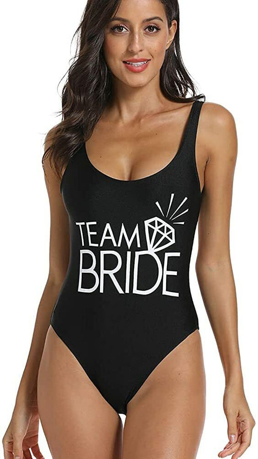 Team Bride Diamond Print One Piece Swimsuit Bathing Suits Black Padding Large L