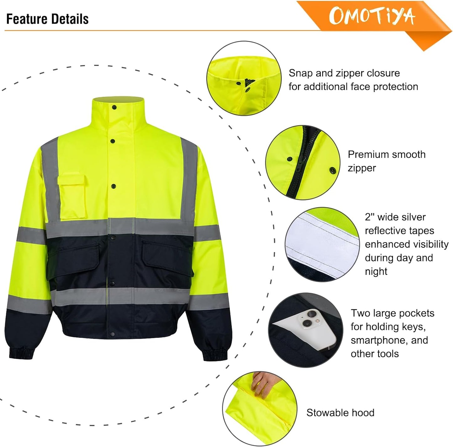 OMOTIYA Hi Vis Men, Reflective Safety Jacket Yellow High Visibility Zippered Work Construction Coats in Cold Weather