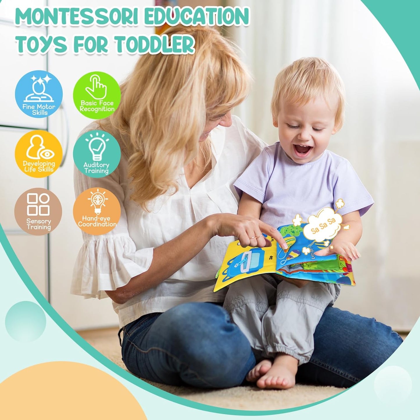 Baby Books Toys 0-18 Months, Montessori Toys for Infant Newborn Activity Soft Book with Mirror Squeaky Sounds, 8-Page Early Development Travel Toys Birthdays Gifts for Toddler Motor Skills