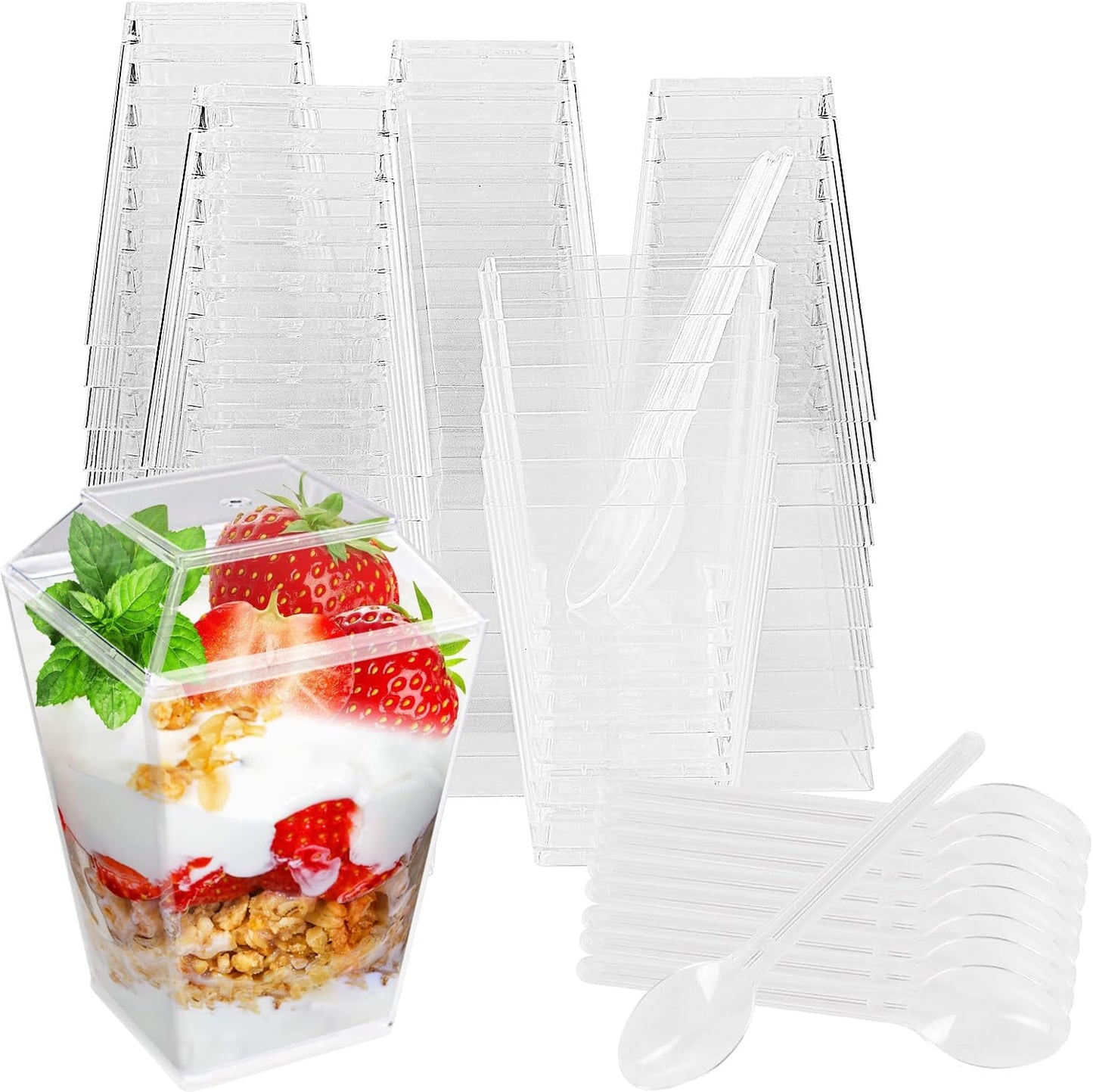 BEGA HOME Dessert Cups - 5oz 50 Cups, 50 Lids and 50 Spoons - Great for Parfaits, Pudding, Yogurt, & Mini Treats - Small Clear Plastic Cups, Yogurt Parfait Cups with Lids & Spoons