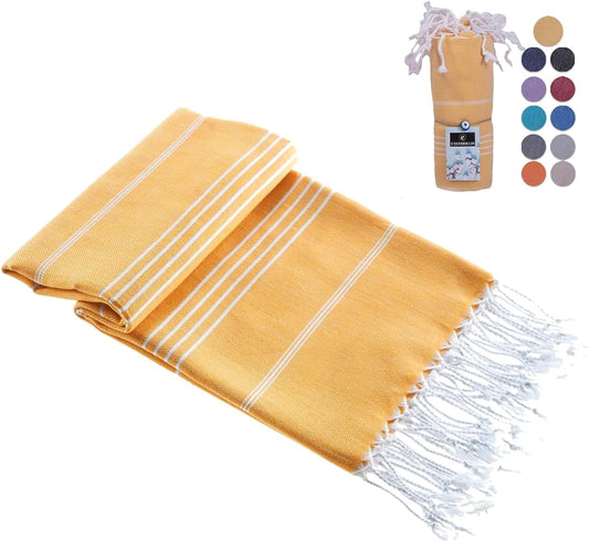 New Turkish Beach Towel, Prewashed, 100% Cotton, Soft, Absorbent, Quick Dry, Sand Free Large Oversize Beach Towels for Bathroom Camping Yoga Gym Pool Travel Size 39x71 Inches (Yellow)