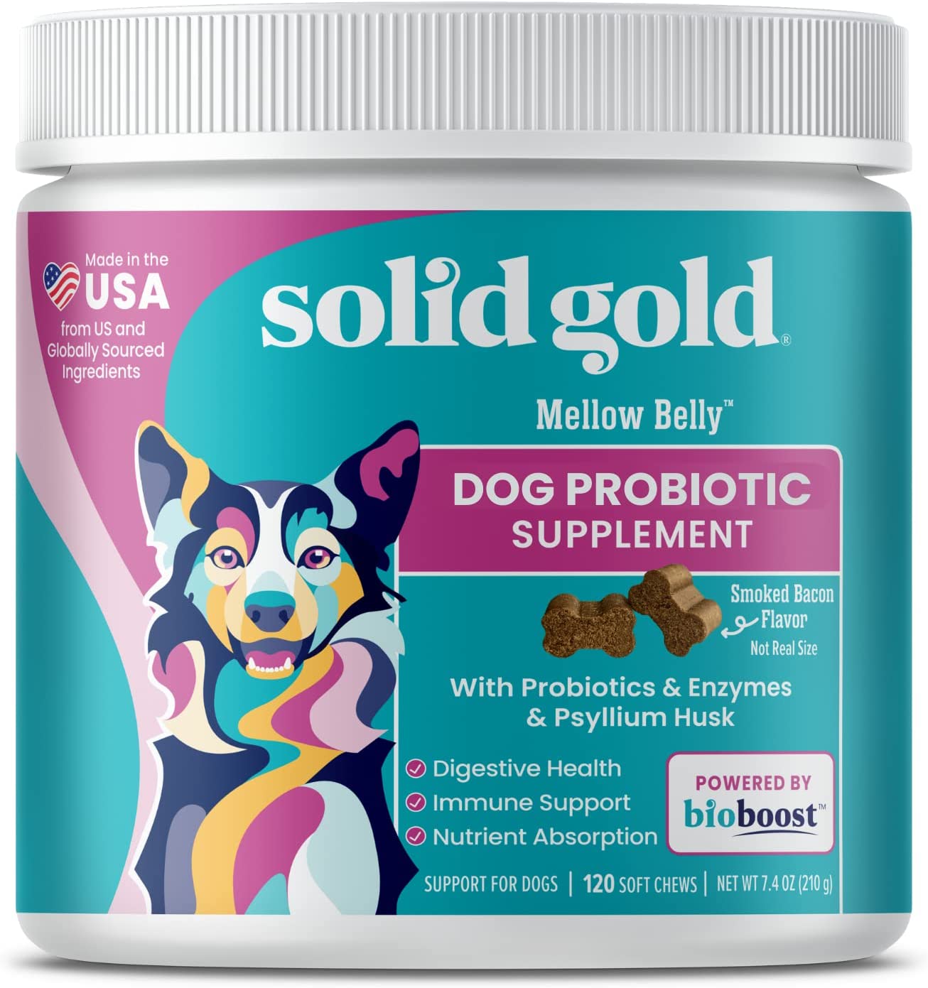 New Solid Gold Dog Probiotic Chews - Bacon Flavor Soft Chews for Dog Digestive Support - Mellow Belly Probiotic for Dogs with Fiber & Digestive Enzymes for Bowel Support, Gas, & Constipation - 120 Count