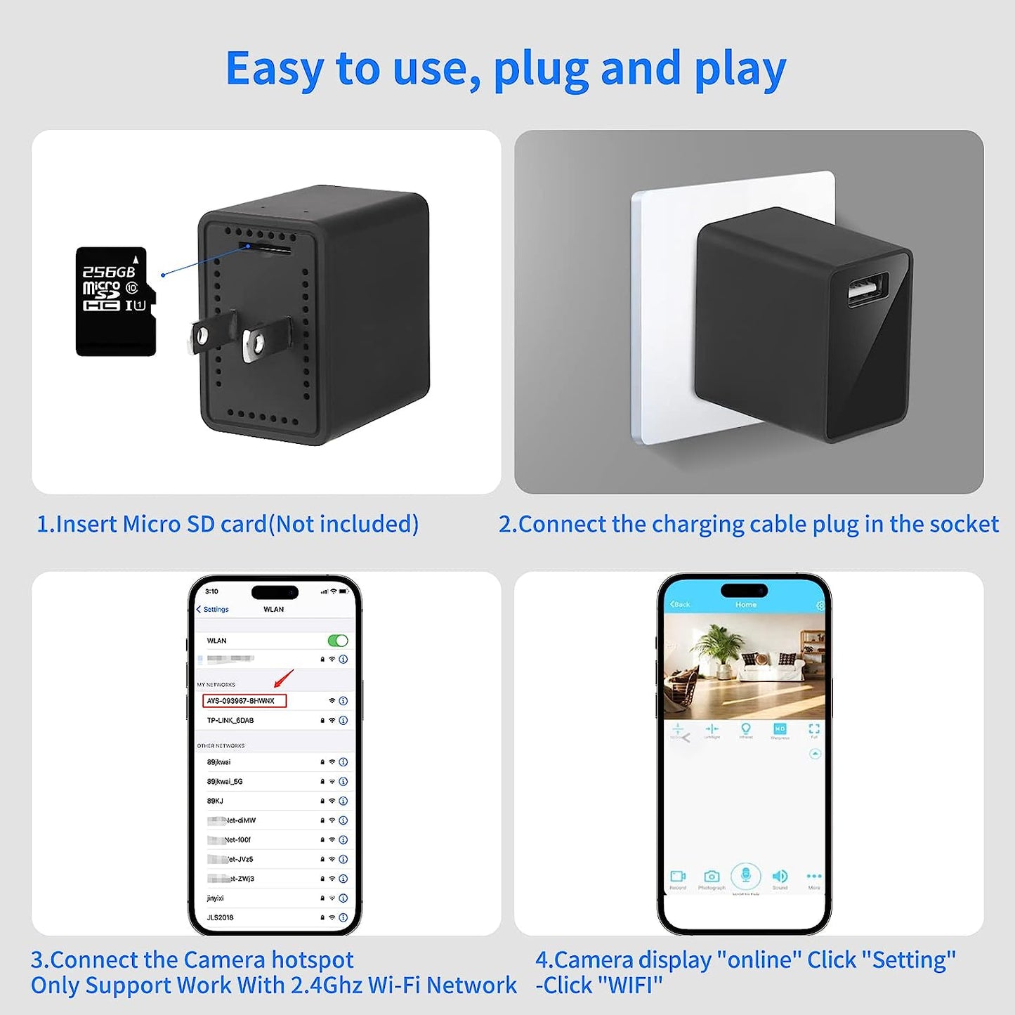 New Hidden Camera Charger Full 1080P HD Wireless Nanny Cam Mini USB Charger with Motion Detection, Spy Cameras for Home Security, Office, Baby, Pets, Elderly Parents