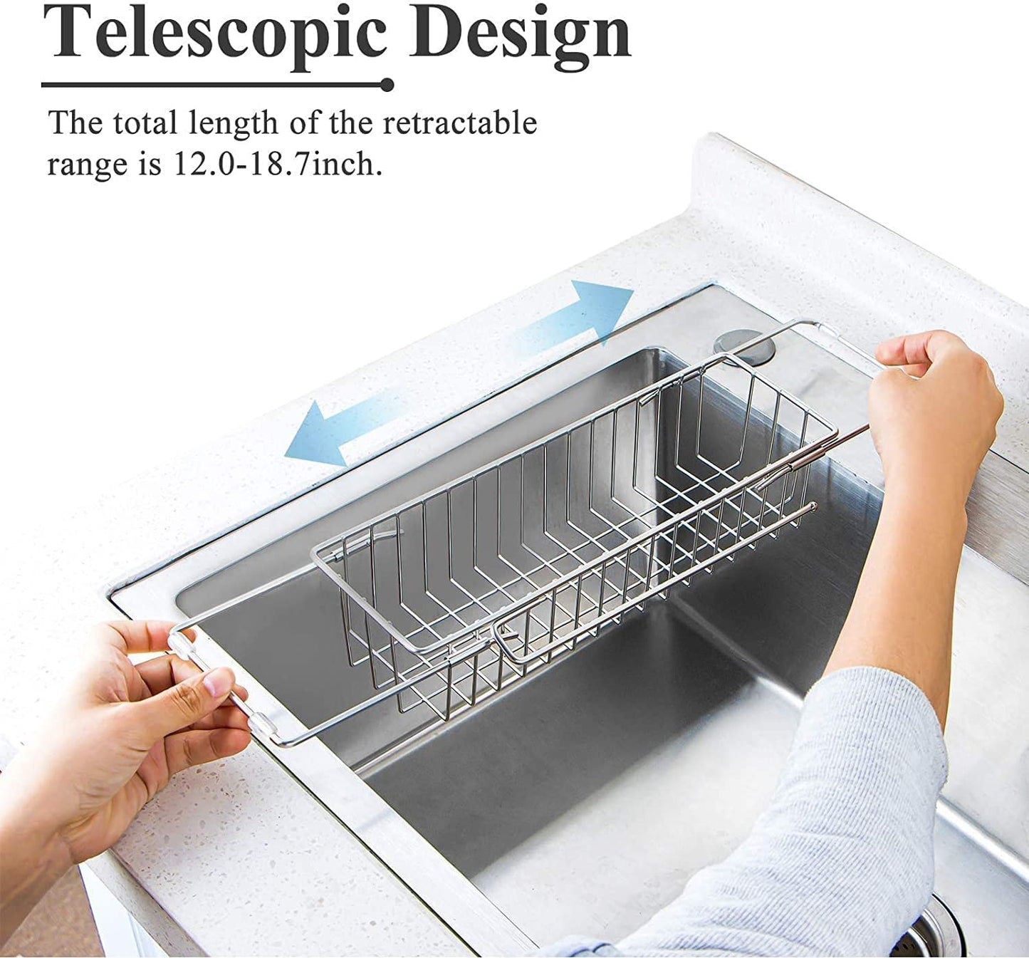 New Kitchen Sink Organizer Rack, Collapsible Stainless Steel Sink Caddy Drainer with Towel Drying Rack, Sink Basket with Dishcloth Hanger, Soap and Sponge Holder