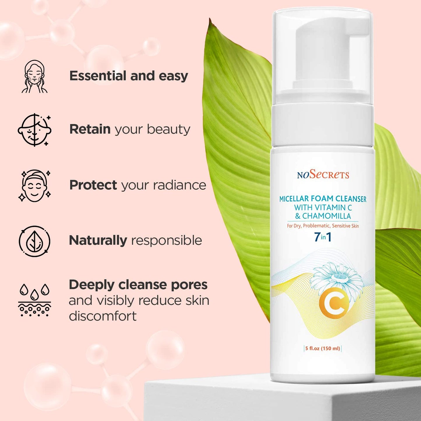 New Face Foam Daily Cleanser with Vitamin C, Aloe Vera and Hyaluronic Acid | Gentle Micellar Water Foam Facial Cleanser for All Skin Types | 5 fl oz
